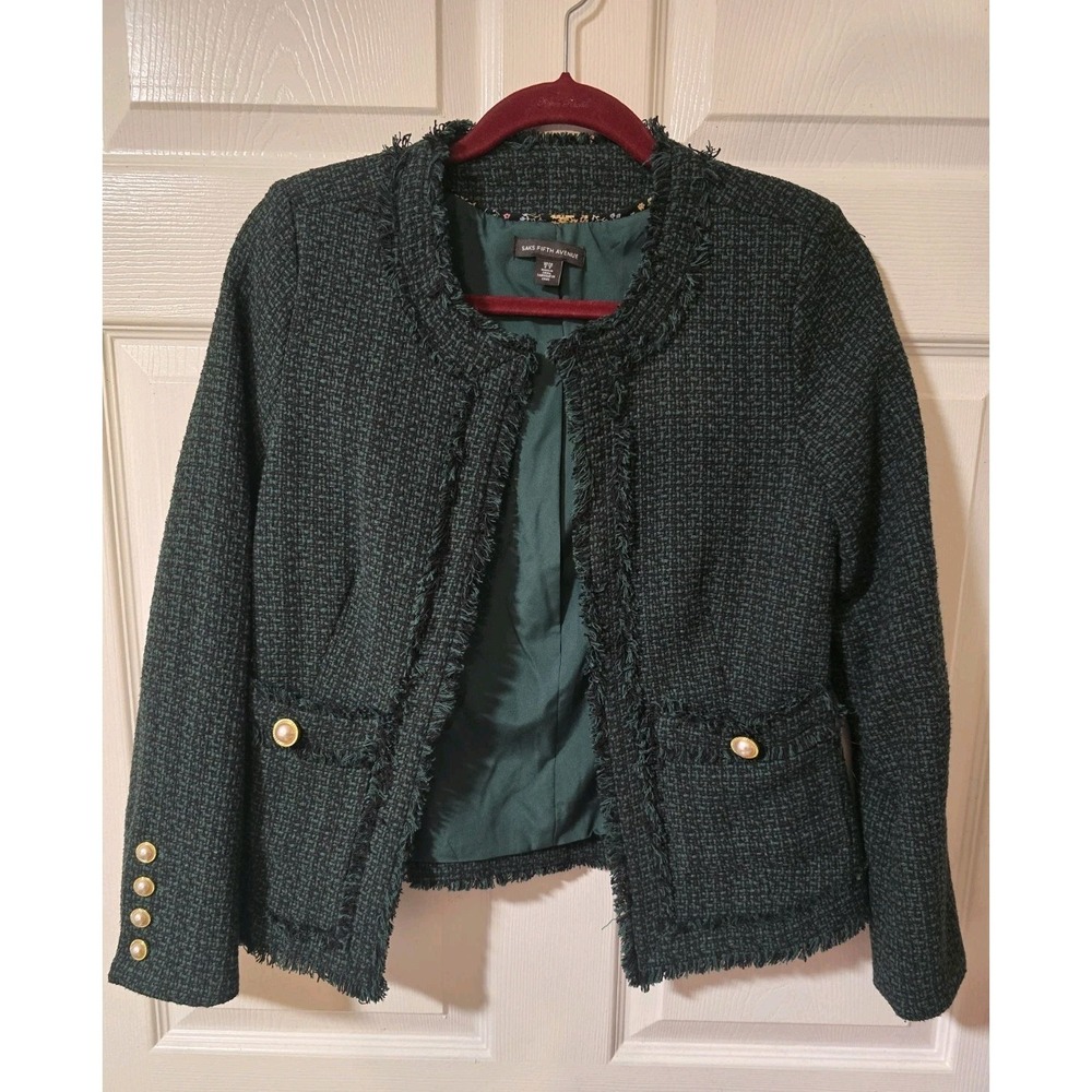 Sacks Fifth Ave Women's‎ Tweed Fringe Trim Blazer W/ Gold Buttons Hunter Green S